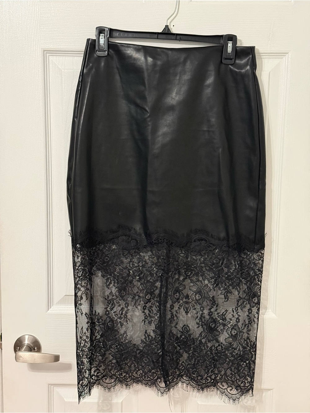 Black Faux Leather Pencil Skirt with Lace Hem NWT Large